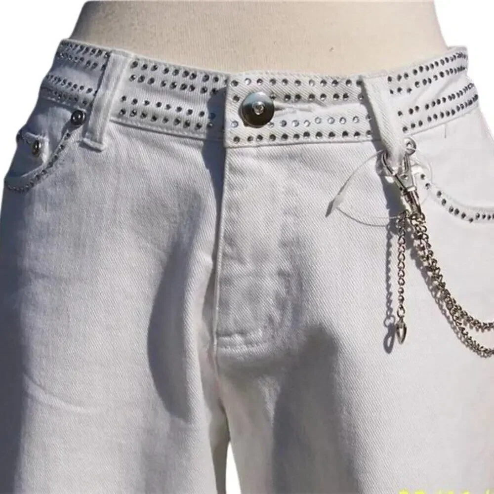 Cache White Denim Embellished Flare Jean Pant Rhinestone Chain Belt New $168 NWT - Picture 1 of 8